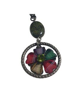 Handmade Multicolor Flower Pendant Necklace Silver Tone Chain Mom Gift Agate